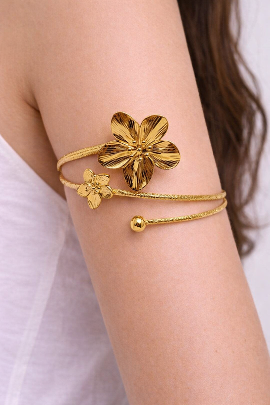 Golden Flower Upper Arm Cuff Bracelet - Gold Stainless