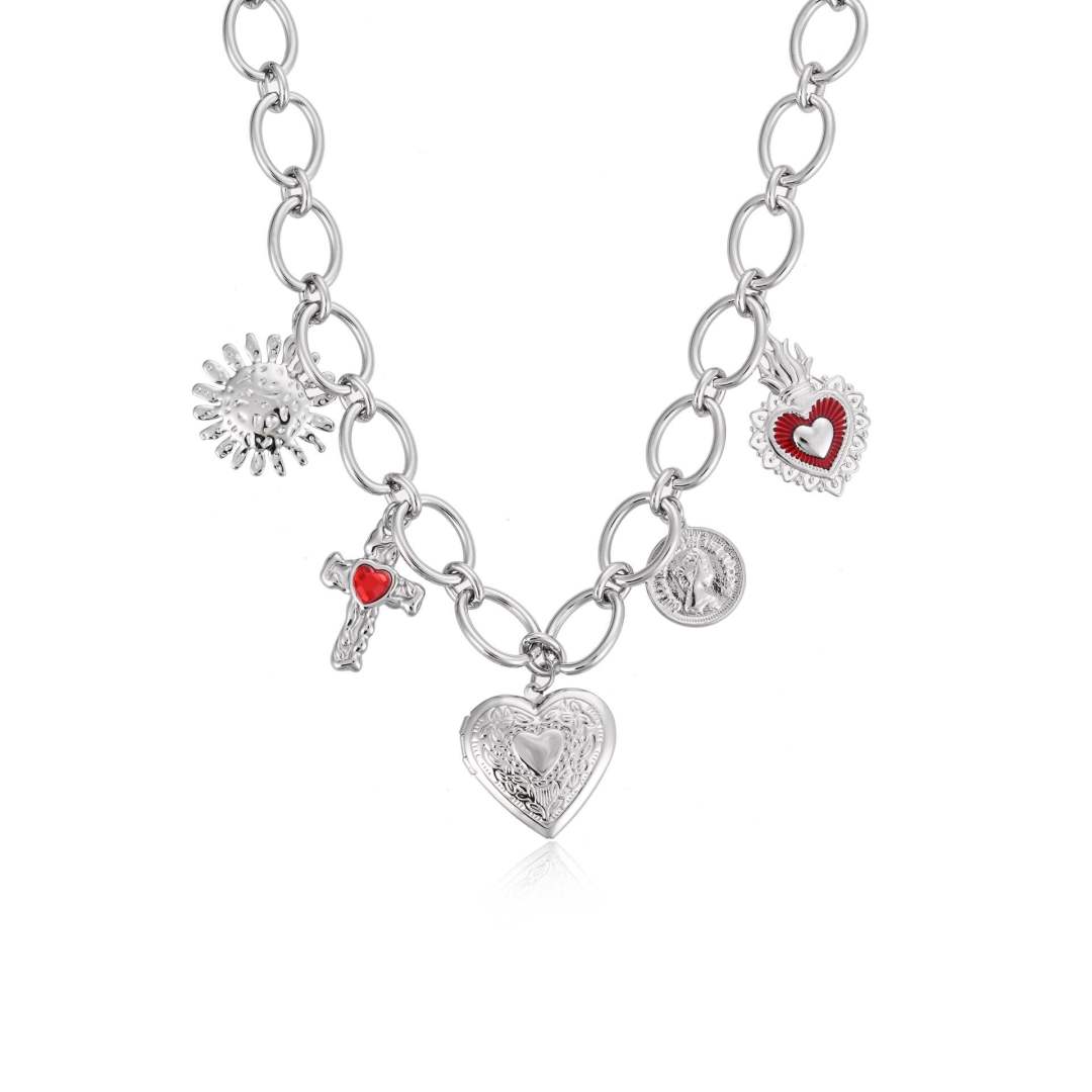 Sacred Heart Charm Necklace with Cross & Coin – Gold & Silver Vintage Statement Necklace