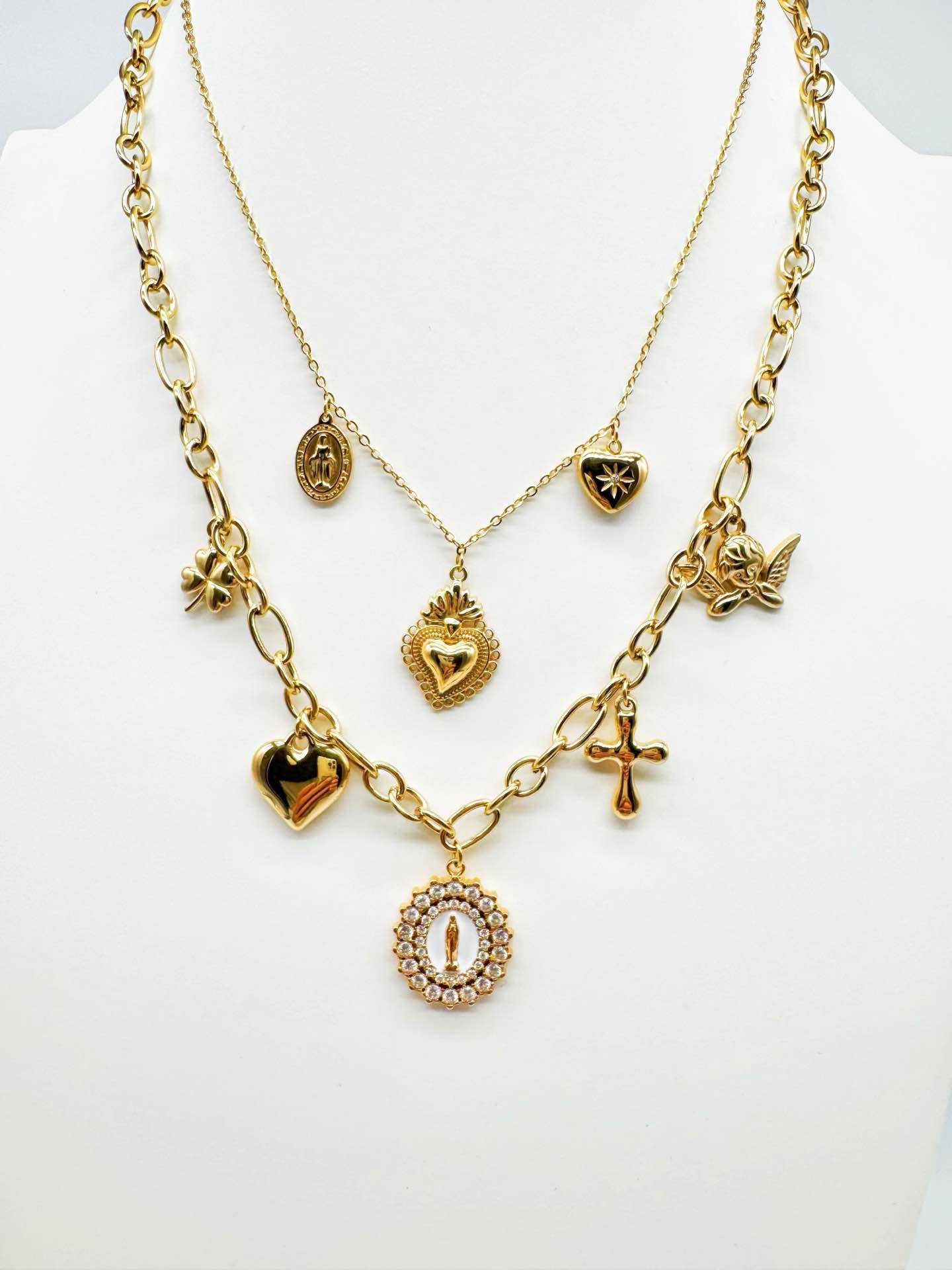 Layered Sacred Heart Necklace Set – Gold Charm Necklace with Cross, Angel & Coin