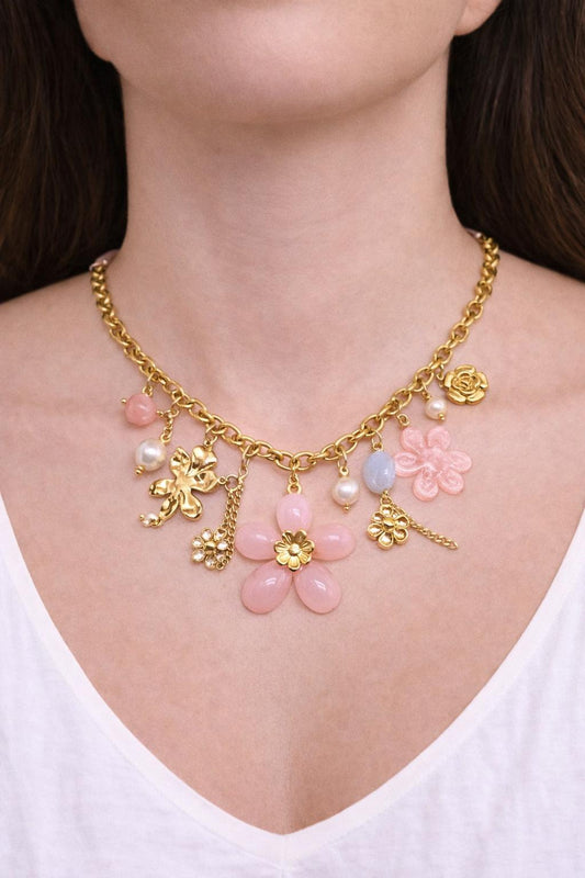 Rosalia Floral Charm Necklace -Stainless Steel