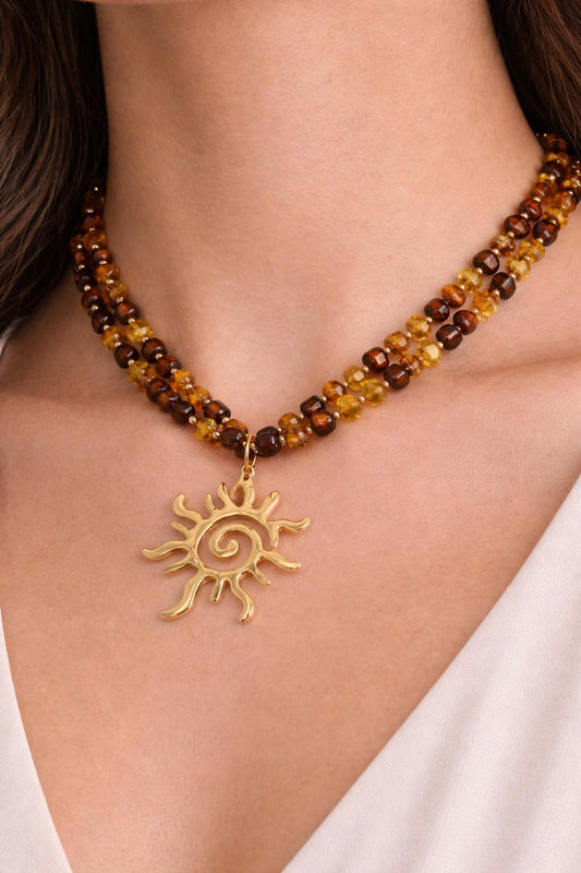 Golden Sun Amber Beaded Necklace - tarnish resistant