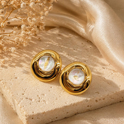 Orecchini Elegance Dorati con Pietra Azzurra Effetto Naturale Design Rotondo Moderno Finitura Brillante per Ogni Occasione