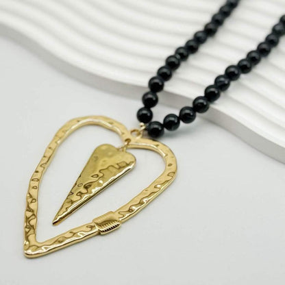 Collana Cuore Dorato con Perline Rosa in Acciaio Inox Elegante 50 cm per Stile Estivo e Occasioni Speciali
