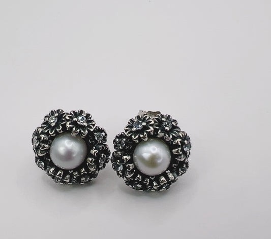 Vintage Pearl Bloom Stud Earrings – 925 Sterling Silver