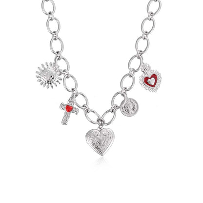 Sacred Heart Charm Necklace with Cross & Coin – Gold & Silver Vintage Statement Necklace