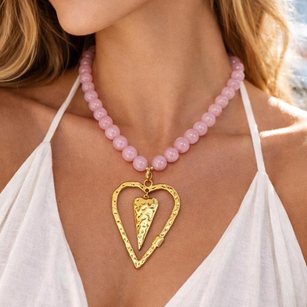 Collana Cuore Dorato con Perline Rosa in Acciaio Inox Elegante 50 cm per Stile Estivo e Occasioni Speciali