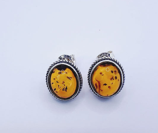 Baltic Amber Oval Stud Earrings – 925 Sterling Silver