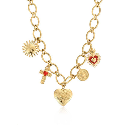 Sacred Heart Charm Necklace with Cross & Coin – Gold & Silver Vintage Statement Necklace
