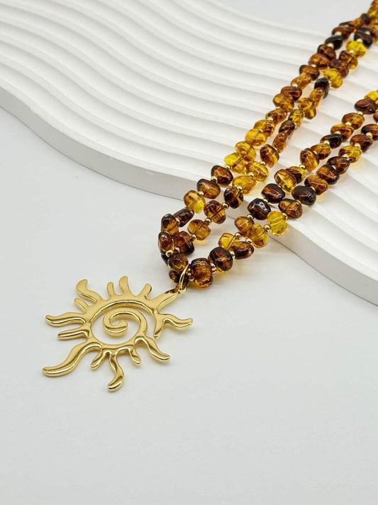 Golden Sun Amber Beaded Necklace - tarnish resistant