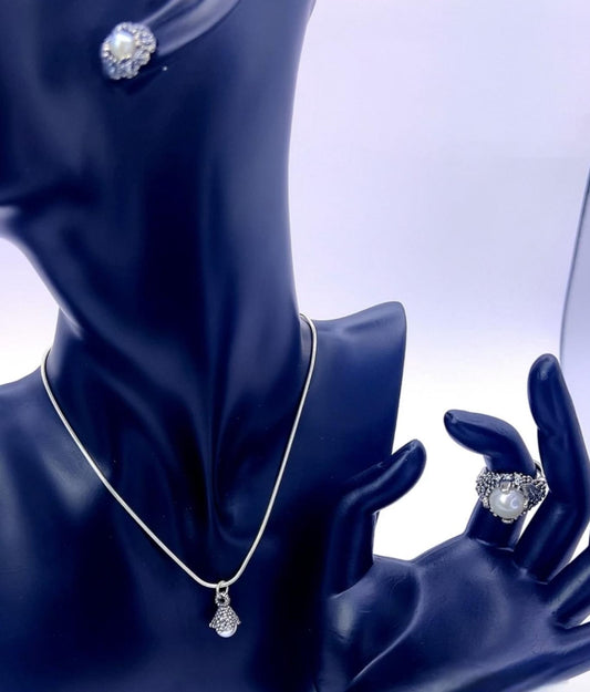 Timeless Pearl Glow Set – 925 Sterling Silver (Necklace + Ring + Stud Earrings)