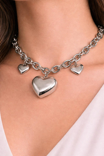 Heart Charm Chain Necklace - Stainless Steel