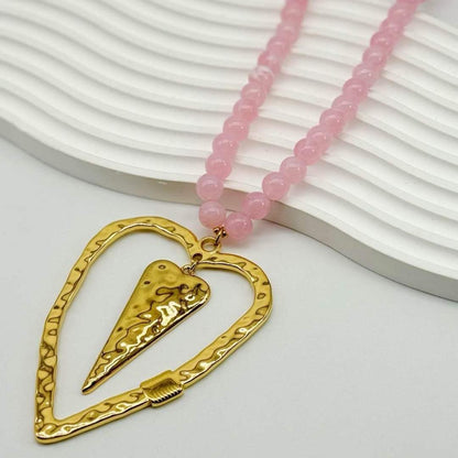 Collana Cuore Dorato con Perline Rosa in Acciaio Inox Elegante 50 cm per Stile Estivo e Occasioni Speciali