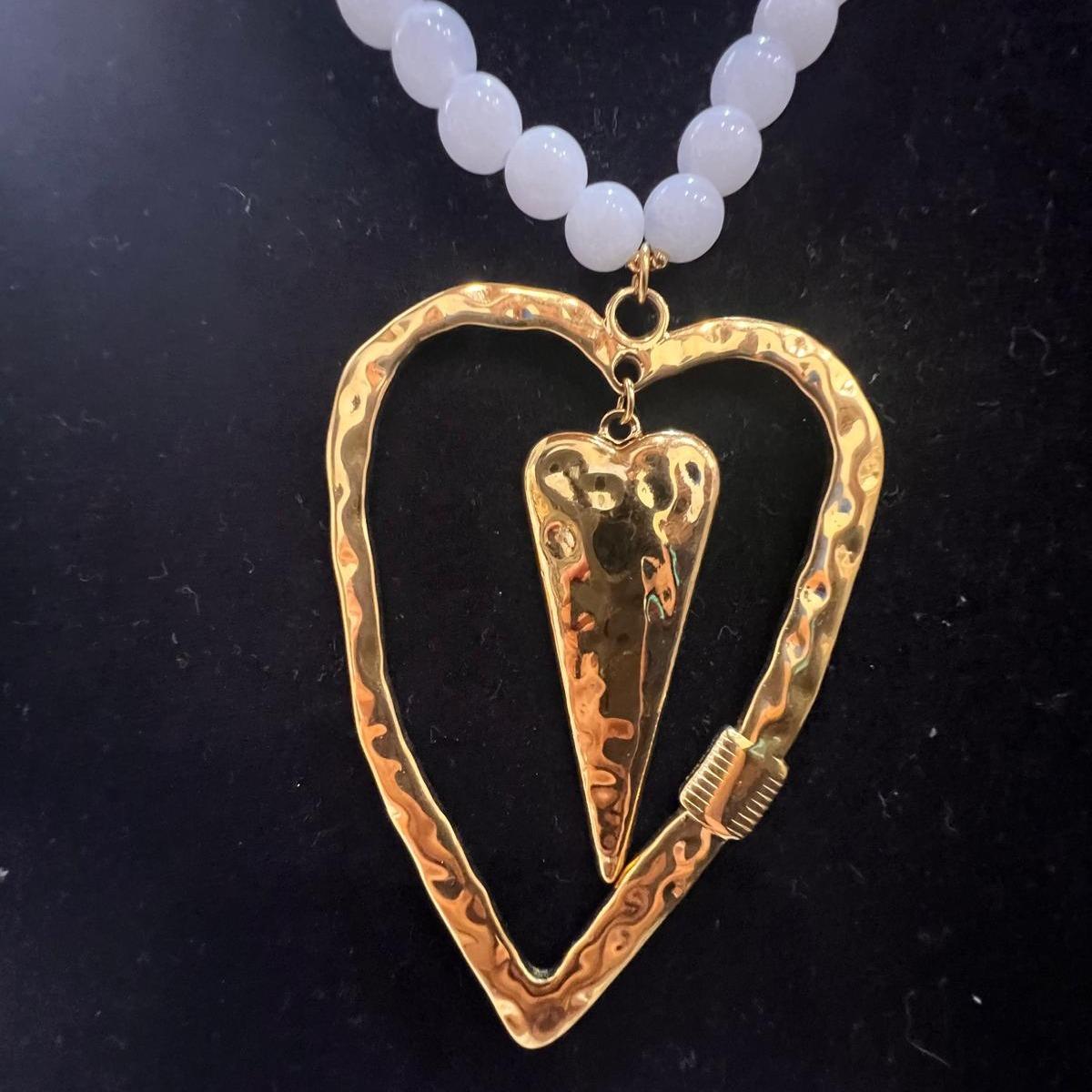 Collana Cuore Dorato con Perline Rosa in Acciaio Inox Elegante 50 cm per Stile Estivo e Occasioni Speciali